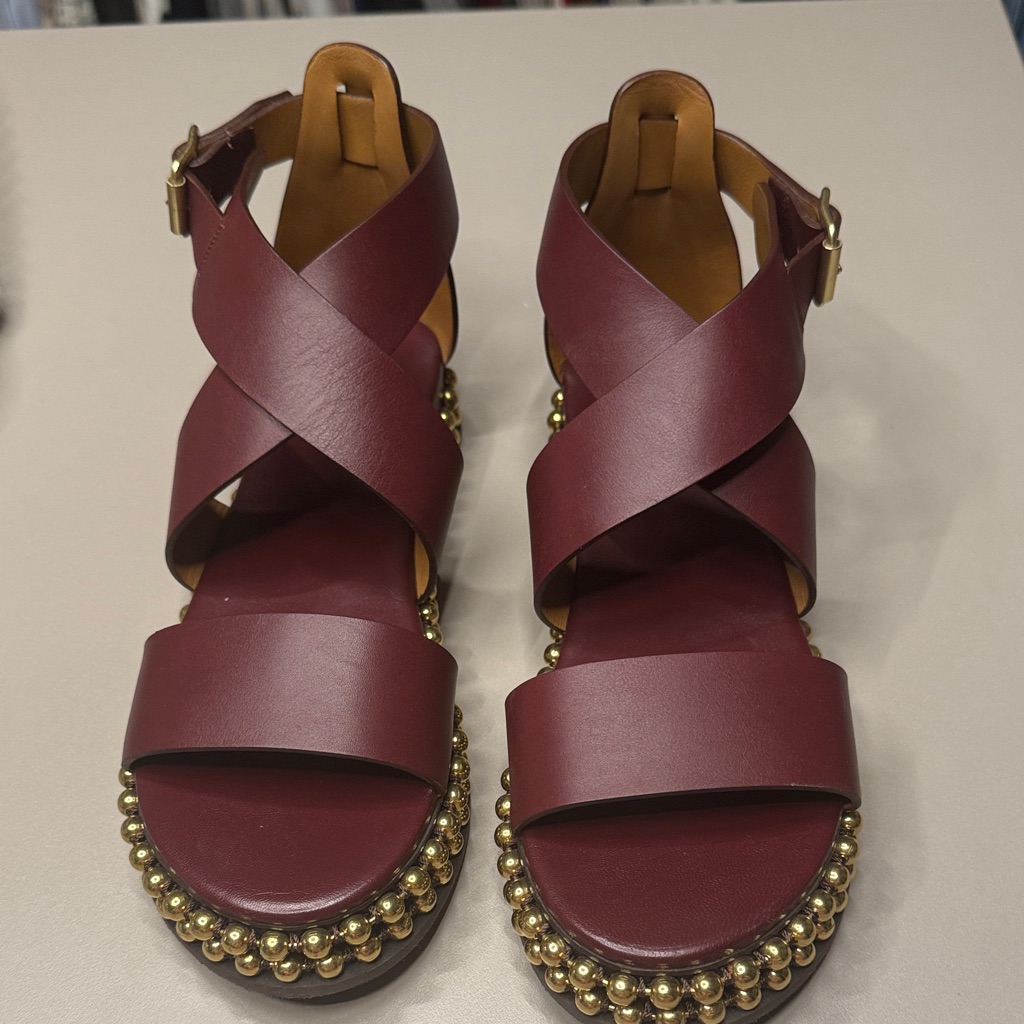 Chlo Burgundy Crisscross Leather Platform Sandals With Gold Bead Trim